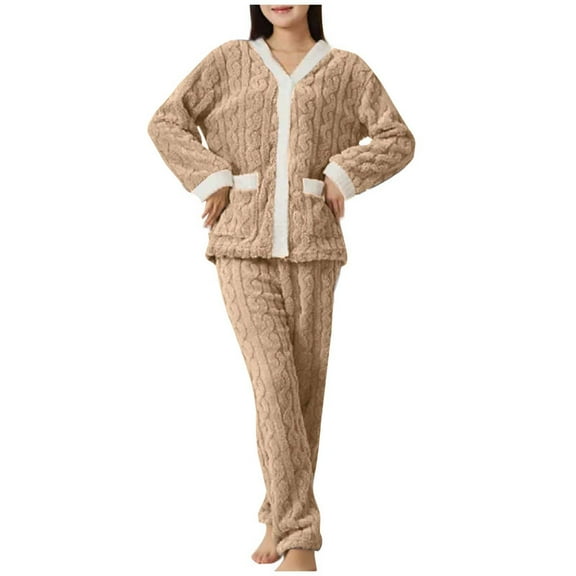 cfhntfmh Fall Pajamas Women Fluffy Pajamas Set Fleece Pullover with Wide Leg Pants 2 Piece Pjs Set Soft Plush Winter Outfits