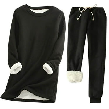 cfhntfmh Fleece Lined Loungewear 2 Piece Outfit Winter Sherpa Lined Tracksuit Warm Up Suits Thick Pullover and Sweatpants Sets