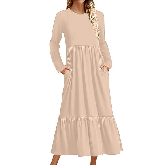 cfhntfmh Flowy Dresses for Women Fall Casual Round Neck Loose Tiered Midi Dress Lounge Long Sleeve Pleated Dress with Pockets