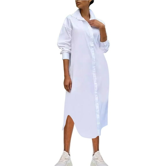 cfhntfmh Flowy Dresses for Women Lounge Collared Buttons down Shirts Dress Fashion Long Sleeve Side Slit Midi Dress