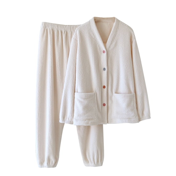XuJwPNcy Fluffy Pajamas Set for Women Button down Sleepwear Fleece Pjs Sets Fuzzy Warm Pants Winter Plush 2 Piece Outfits(Beige,Medium)