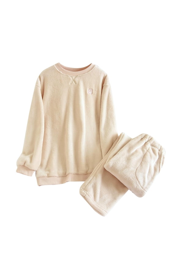 Fluffy Pajamas for Women 2 Piece Fuzzy Pjs Winter Flannel Lounge Sets Winter Warm Soft Fleece Pajama Set(Beige,Large)