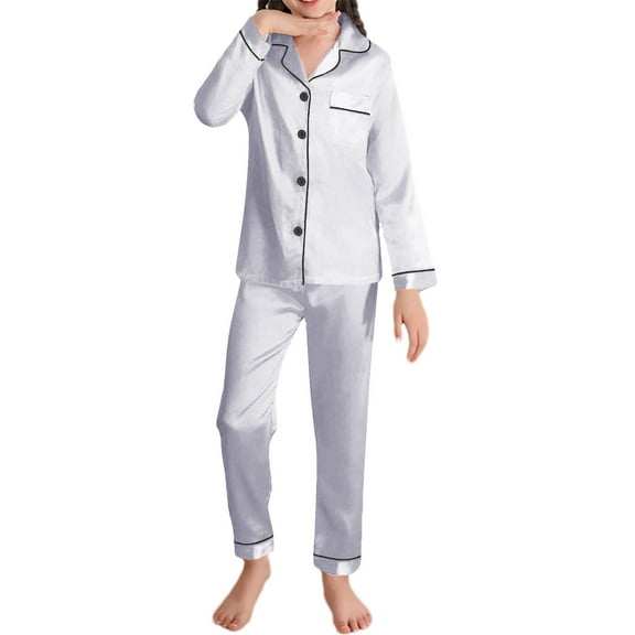 cfhntfmh Girls Boys Satin Pajama Sets Soft Long Sleeve Collared Buttons down Shirts Loose Straight Leg Pants Sleepwear Sets
