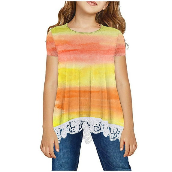 cfhntfmh Girls Children's Lace T-Shirts Crewneck Short Sleeve Comfy Shirts Summer Trendy Print Loose Blouses for 3-13 Years