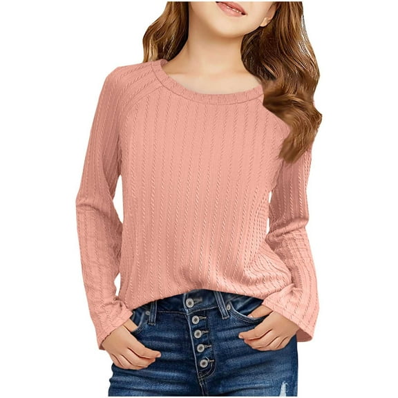 cfhntfmh Girls Long Sleeve Shirts Kids Crew Neck Tops Casual Solid Color Slim Fit Pullover Toddler Girl Blouse Tees Clothes