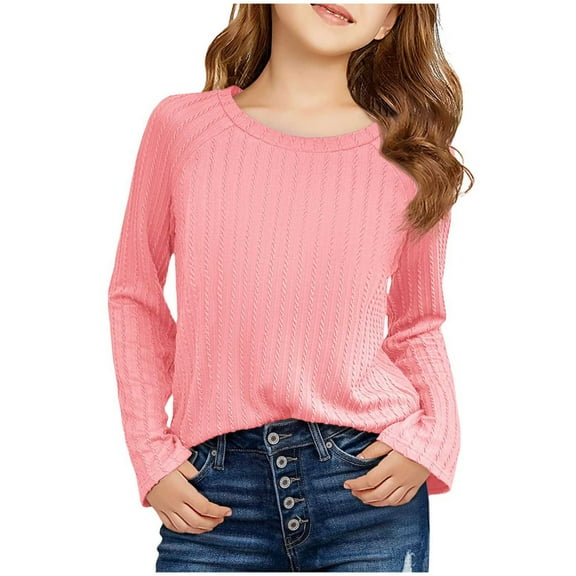 cfhntfmh Girls Long Sleeve Shirts Kids Crew Neck Tops Casual Solid Color Slim Fit Pullover Toddler Girl Blouse Tees Clothes