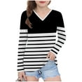 thumbnail image 1 of cfhntfmh Girls Striped Tshirt Long Sleeve V Neck T Shirts Color Block Tops Comfy Cute Basic Tee Tops for Kids 3-14 Years, 1 of 7