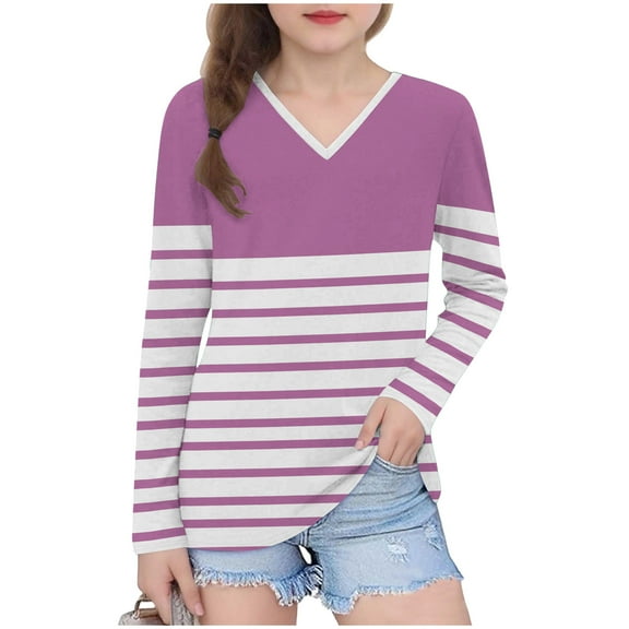 cfhntfmh Girls Striped Tshirt Long Sleeve V Neck T Shirts Color Block Tops Comfy Cute Basic Tee Tops for Kids 3-14 Years