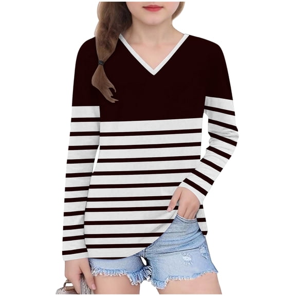 cfhntfmh Girls Striped Tshirt Long Sleeve V Neck T Shirts Color Block Tops Comfy Cute Basic Tee Tops for Kids 3-14 Years
