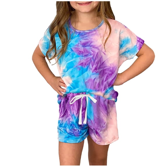 cfhntfmh Girls Tie-Dye Summer Outfits Fashion Short Sleeve Crewneck Basic Tops Casual Drawstring Shorts 2pc Children's Sets