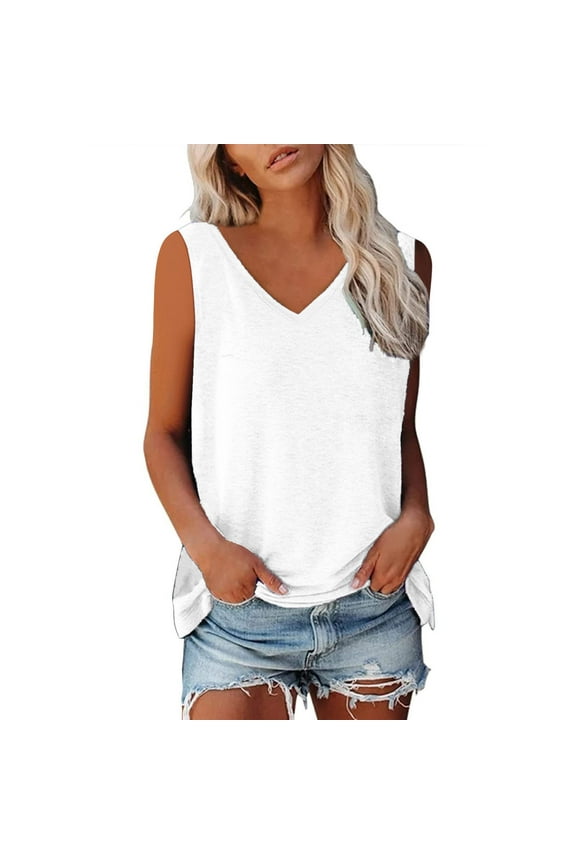 Going out Tank Tops for Women Sleeveless V Neck Loose T-Shirt Plain Color Flowy Summer Tees