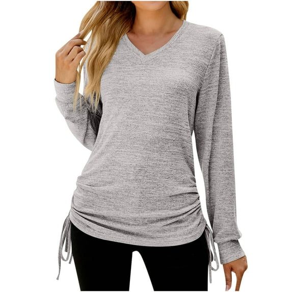 cfhntfmh Going out Tops for Women Comfy V Neck Long Sleeve Tunic Shirts Fashion Side Ruched Solid Color Fall T-Shirts