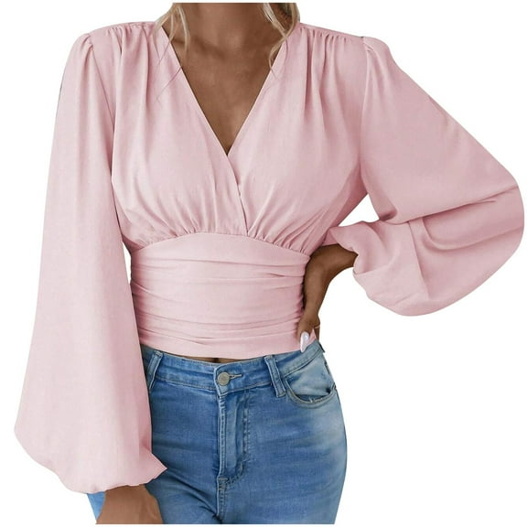 cfhntfmh Going out Tops for Women Fashion Cross V Neck Long Sleeve T-Shirts Fall Pleated Smocked Party Blouses