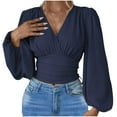 thumbnail image 1 of cfhntfmh Going out Tops for Women Fashion Cross V Neck Long Sleeve T-Shirts Fall Pleated Smocked Party Blouses, 1 of 4