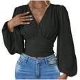 thumbnail image 1 of cfhntfmh Going out Tops for Women Fashion Cross V Neck Long Sleeve T-Shirts Fall Pleated Smocked Party Blouses, 1 of 4