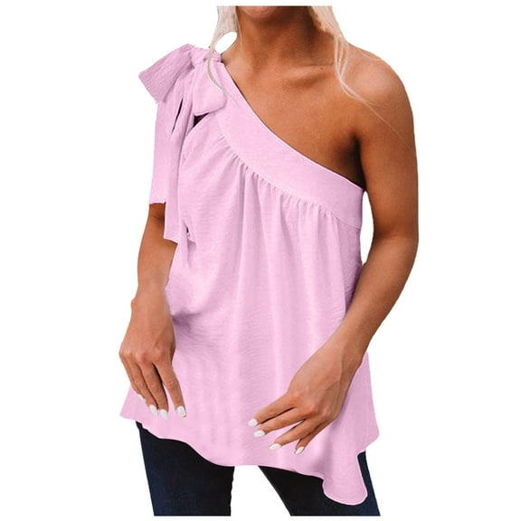 cfhntfmh Going out Tops for Women Summer Fashion One-Shoulder Knot Sleeveless Tunic T-Shirts Casual Pleated Tank Shirts