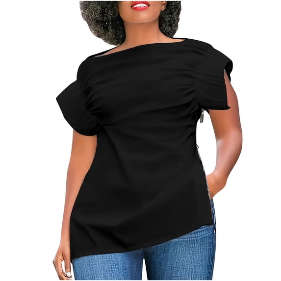 cfhntfmh Going out Tops for Women Trendy Crewneck Short Sleeve Casual T-Shirts Summer Fashion Side Zipped Slit Tunic Tees