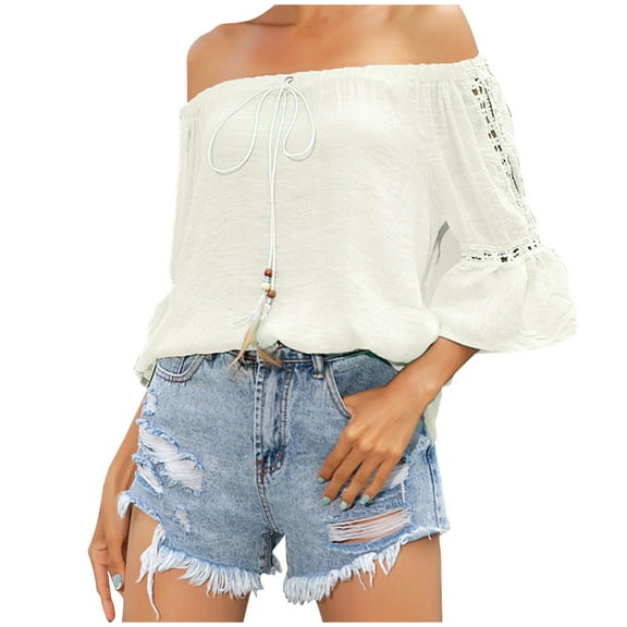 cfhntfmh Going out Tops for Women Trendy off Shoulder Bell Half Sleeve Shirts Fall Soft Drawstring Cotton Linen Blouses