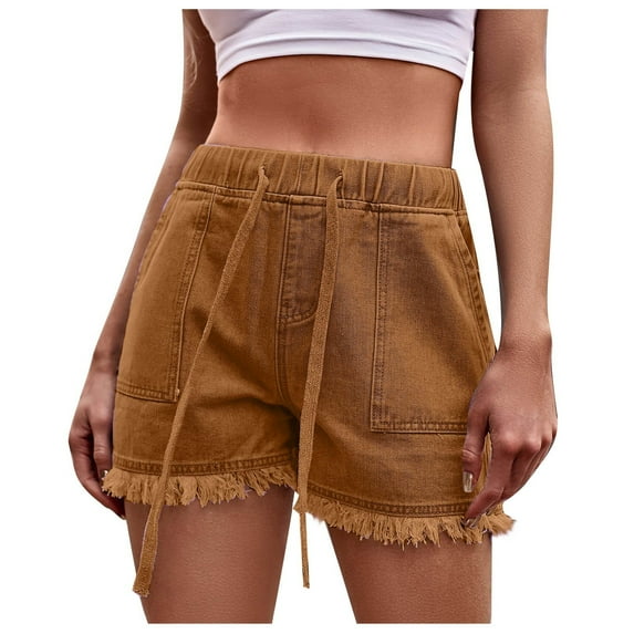 cfhntfmh Jean Shorts for Women Elastic Waist Trendy Frayed Stretchy Denim Shorts Drawstring Solid Color Shorts