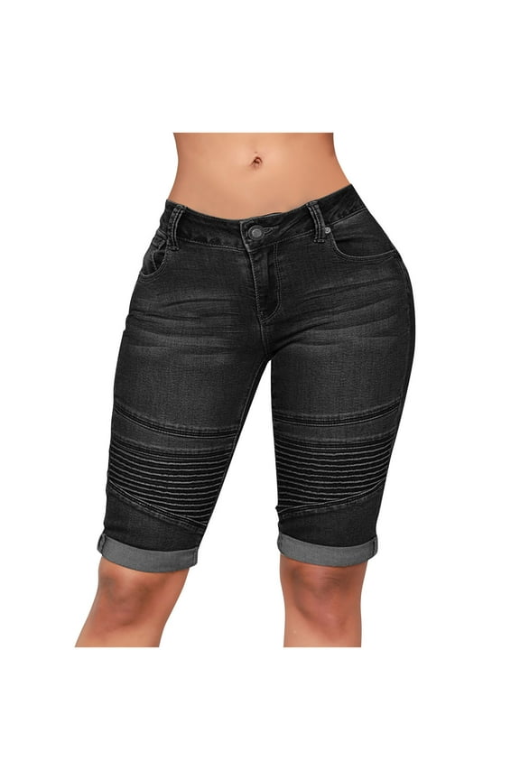 Jean Shorts for Women Fashion Stretch Low Waist Slim Short Pants Skinny Knee Length Denim Shorts with Pockets