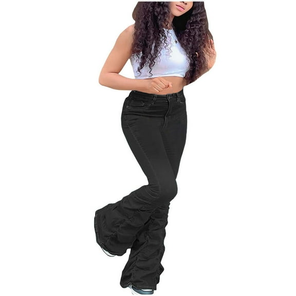 cfhntfmh Jeans for Women Fashion Elastic Waisted Buttons Bootcut Pants Stretch Slim Wide Leg Ruched Denim Pants with Pockets