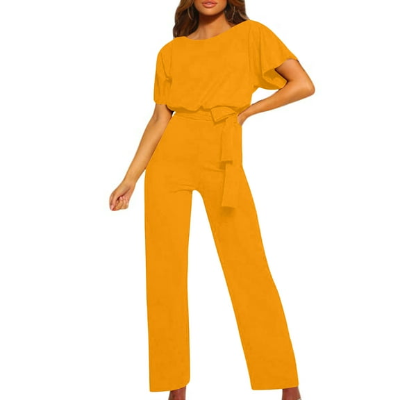 cfhntfmh Jumpsuit for Women Loose Crewneck Short Sleeve Lounge Rompers Fashion Belted Straight Leg Pant Outfits