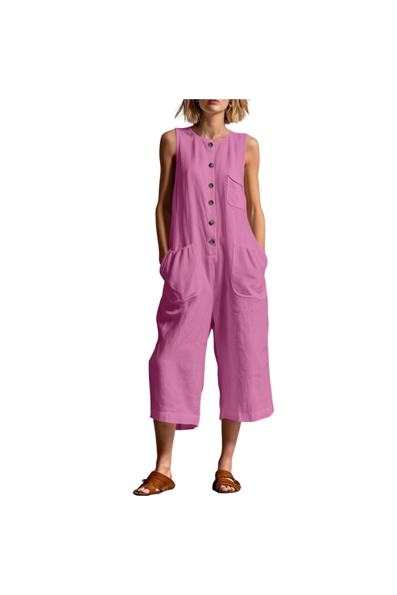Jumpsuit for Women Summer Round Neck Button down Rompers Wide Leg Capri Pants with Pockets Casual Sleeveless Clothes
