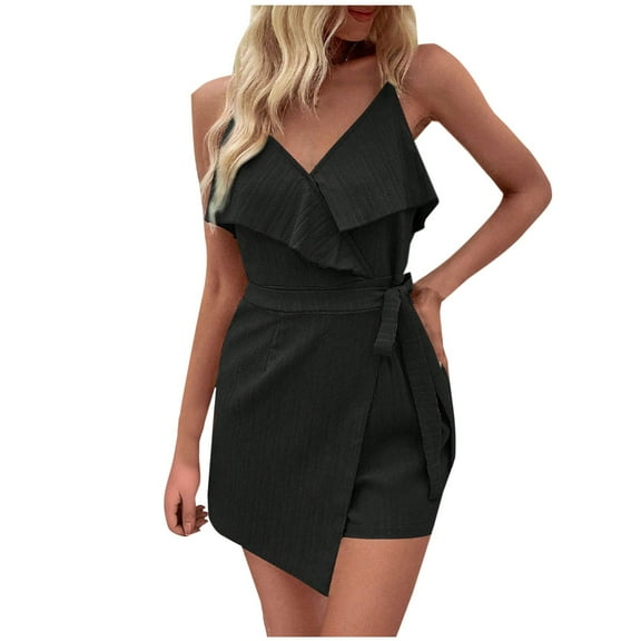 cfhntfmh Jumpsuit for Women Trendy Deep V Neck Adjustable Strap Layered Belted Outfits Summer Flowy Shorts Rompers