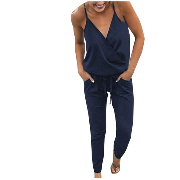 cfhntfmh Jumpsuits for Women Dressy Sleeveless Deep V Neck Cami Outfits Straight Leg Full Length Pants Romper with Pockets