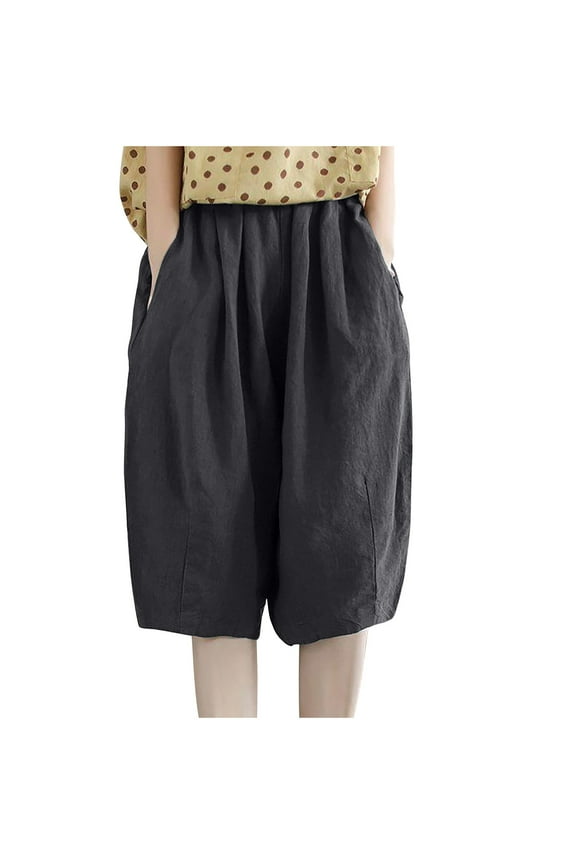 Linen Pants for Women Casual Summer Elastic Waisted Lounge Half Pants Soft Loose Wide Leg Plain Beach Pants with Pockets