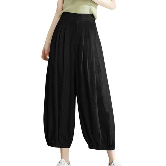 cfhntfmh Linen Pants for Women Cotton Fashion High Waisted Pleated Capri Pants Casual Summer Wide Leg Lounge Pants