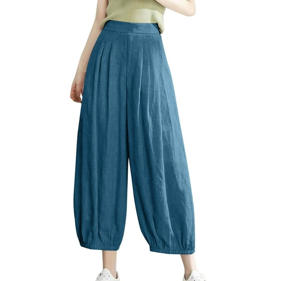 cfhntfmh Linen Pants for Women Cotton Fashion High Waisted Pleated Capri Pants Casual Summer Wide Leg Lounge Pants