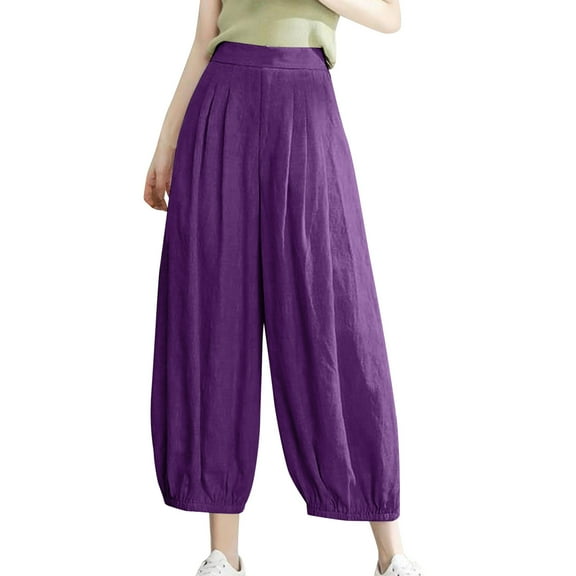 cfhntfmh Linen Pants for Women Cotton Fashion High Waisted Pleated Capri Pants Casual Summer Wide Leg Lounge Pants