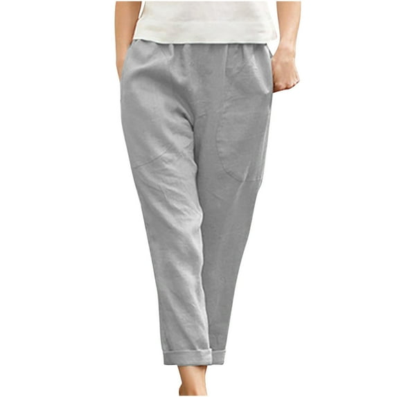 cfhntfmh Linen Pants for Women Plus Size Cotton Elastic Waisted Lounge Pants Soft Straight Leg Work Pants with Pockets