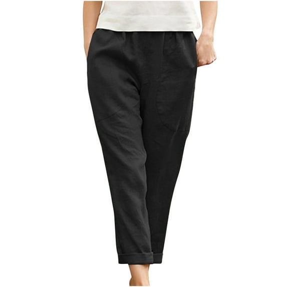 cfhntfmh Linen Pants for Women Plus Size Cotton Elastic Waisted Lounge Pants Soft Straight Leg Work Pants with Pockets