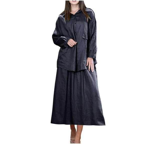 cfhntfmh Linen Sets for Women Cotton Casual Long Sleeve Buttons down Shirts Summer Flowy Maxi Skirts Plus Size Lounge Sets