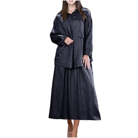 cfhntfmh Linen Sets for Women Cotton Casual Long Sleeve Buttons down Shirts Summer Flowy Maxi Skirts Plus Size Lounge Sets