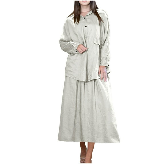 cfhntfmh Linen Sets for Women Cotton Casual Long Sleeve Buttons down Shirts Summer Flowy Maxi Skirts Plus Size Lounge Sets
