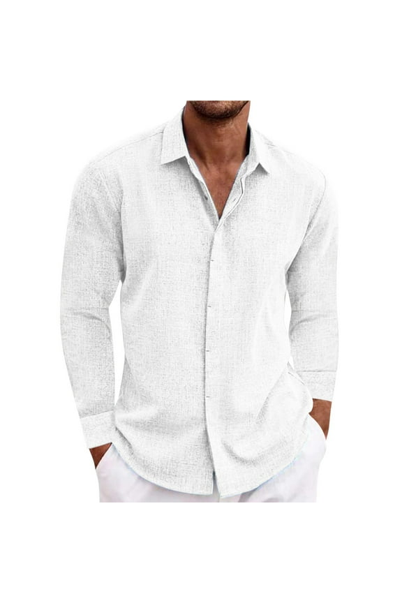 Linen Shirts for Men Long Sleeve Summer Blouse Button down Dress Shirts Beach Wedding Hawaiian Outfit(White,Medium)