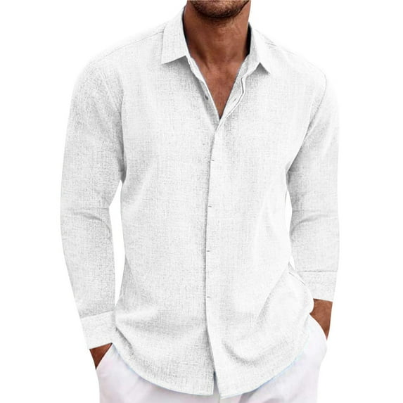 cfhntfmh Linen Shirts for Men Long Sleeve Summer Blouse Button down Dress Shirts Beach Wedding Hawaiian Outfit(White,X-Large)