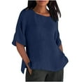 thumbnail image 1 of cfhntfmh Linen Shirts for Women Cotton Casual Half Sleeve Summer T-shirts Loose Side Slit Crewneck Solid Color Plus Size Tops, 1 of 5