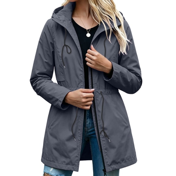 cfhntfmh Long Raincoats for Women Hooded Rain Jacket Drawstring Zip up Coats Fall Fashion Outfits for Travel Hiking