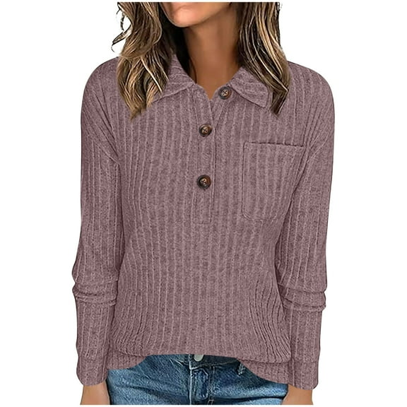 cfhntfmh Long Sleeve Knit Shirt for Women Lightweight Collared Button Sweaters V Neck Fall Casual Tops Fall Outfits