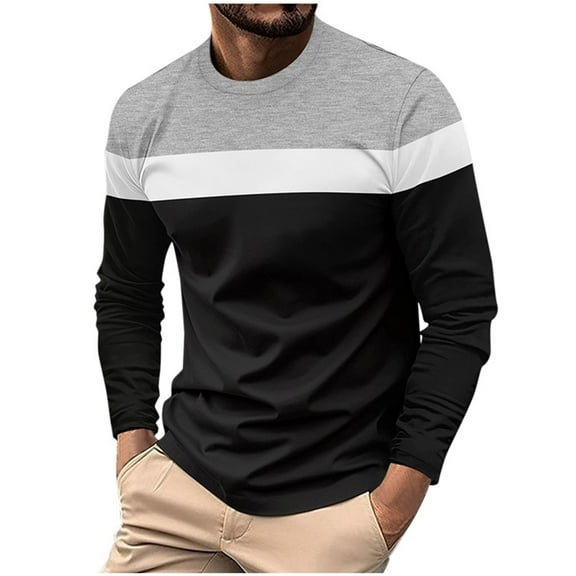 cfhntfmh Long Sleeve Shirts for Men Casual Comfy Crewneck Basic Tunic Tops Fashion Color Block Pullover Blouses