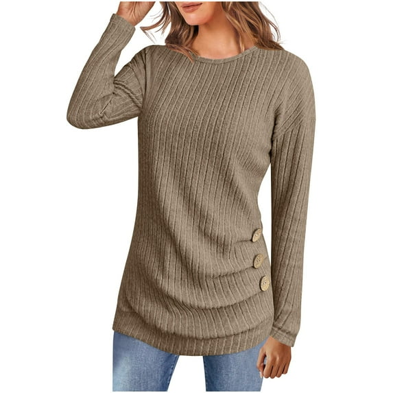 cfhntfmh Long Sleeve Shirts for Women Crewneck Basic Tee Top Slim Fit Casual Trendy Clothes Ribbed Knit Fall Fashion Tshirt