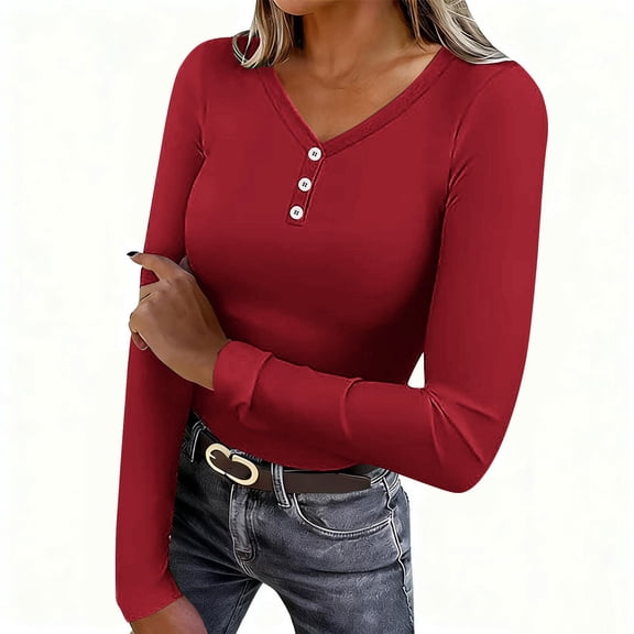 cfhntfmh Long Sleeve Thermal Shirt for Women V Neck Fleece Tops Fall Casual Basic T-Shirts Slim Fit Basic Tee Clothes
