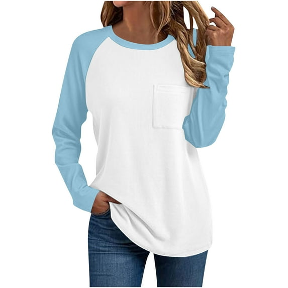 cfhntfmh Long Sleeve Tshirts for Women Basic Crewneck Tee Fall Fashion Tops Casual Color Block Clothes with Pocket Women Fall Clothes
