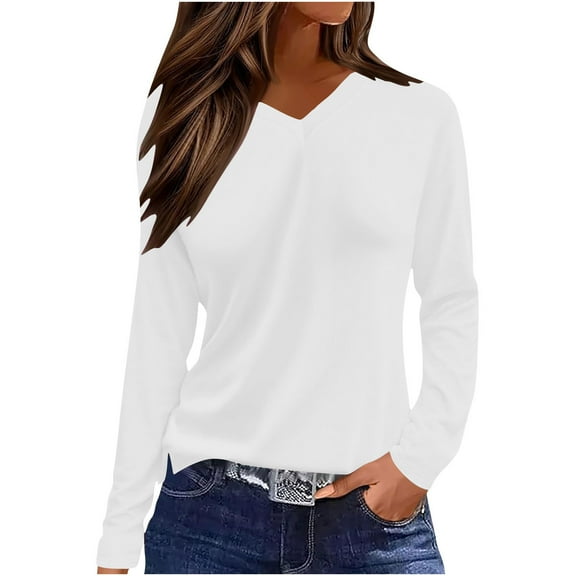 cfhntfmh Long Sleeve V Neck Shirts for Women Solid Color Slim Fit Shirt Soft Basic Tees Blouses Fall Fashion Outfits for Women