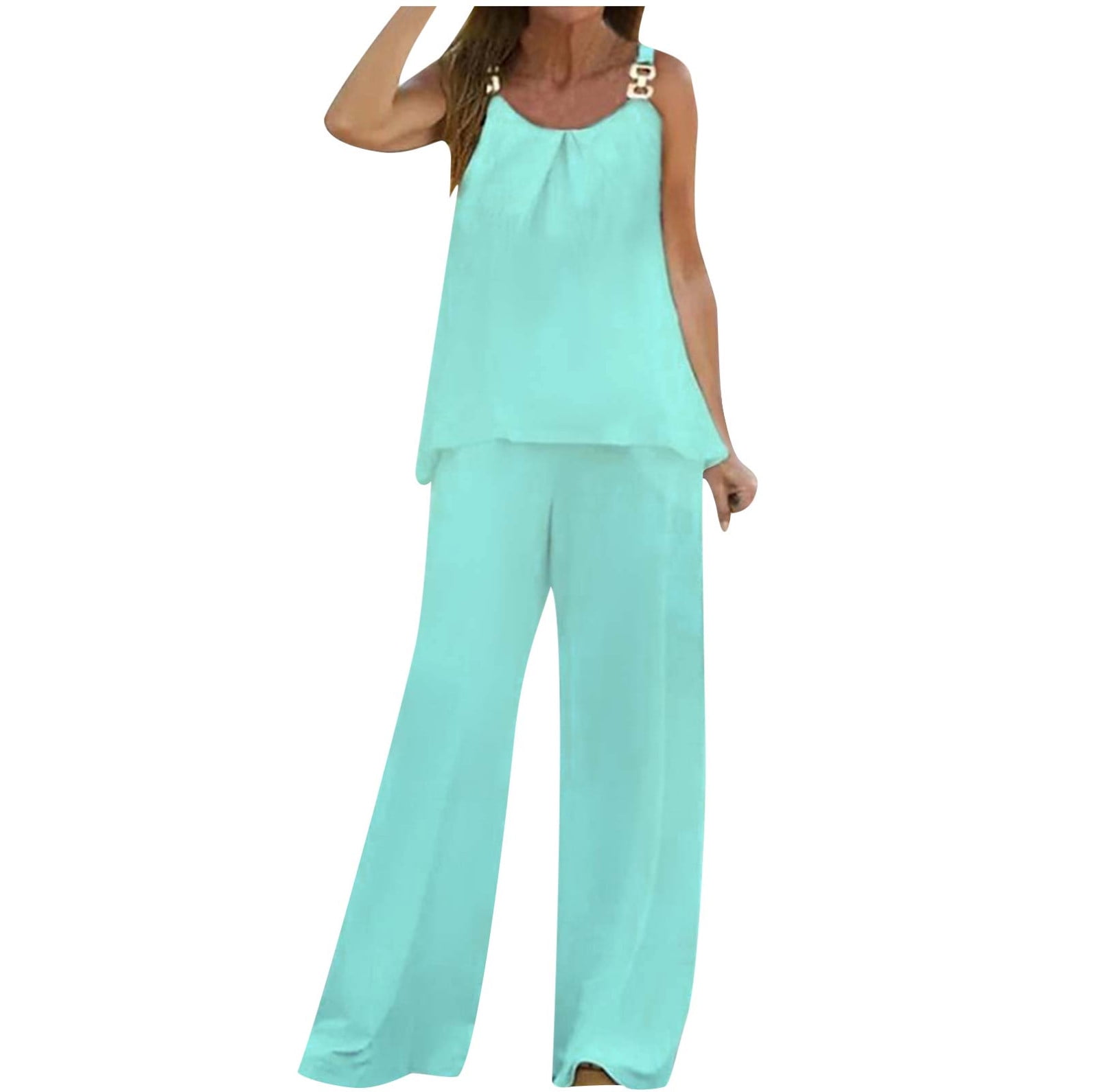 Scoop Neck Button Vest & Wide Leg Pants Set