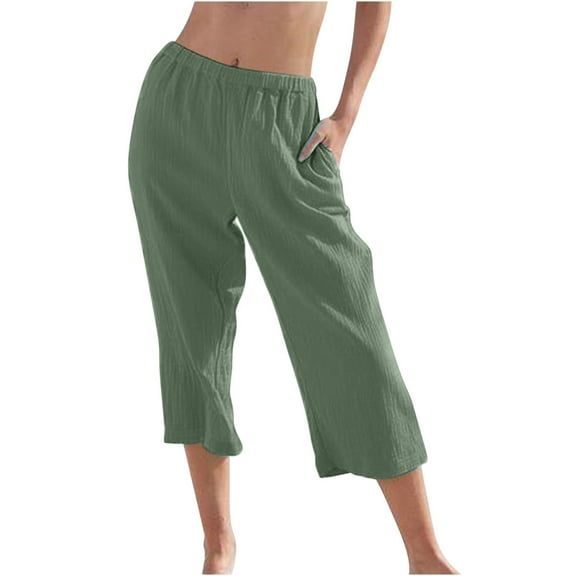 cfhntfmh Lounge Pants for Women Casual Baggy High Waisted Capri Beach Pants with Pockets Loose Wide Leg Vacation Pants